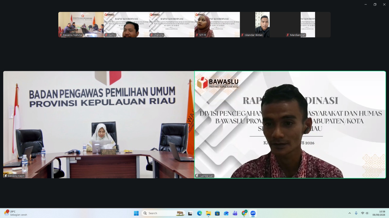 Bawaslu Kabupaten Lingga Sampaikan Perkembangan Pelaksanaan Tugas dalam Rapat Koordinasi Divisi Pencegahan, Parmas, dan Humas se-Provinsi Kepulauan Riau